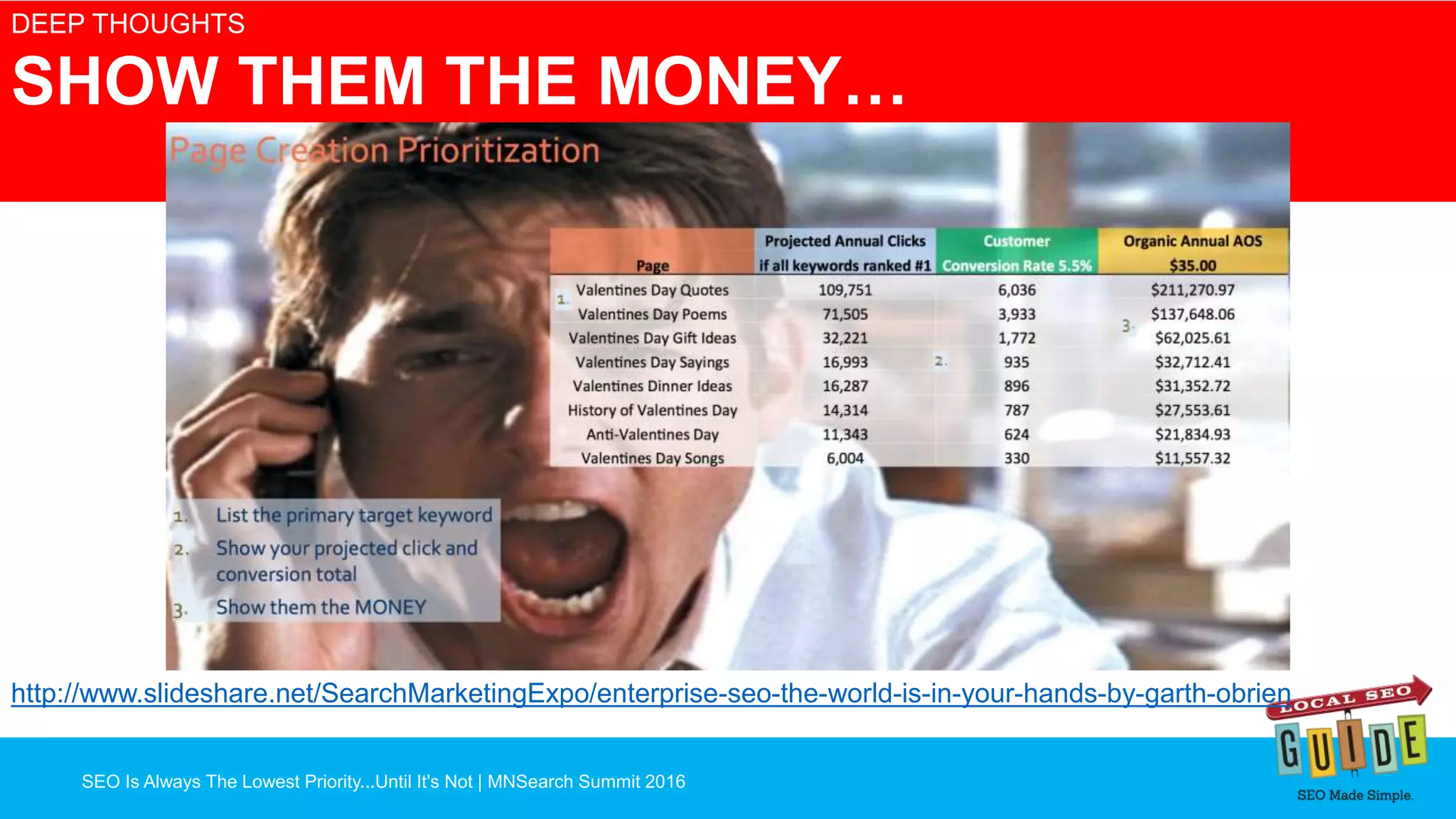 SEO Is Always The Lowest Priority...Until It's Not | MNSearch Summit 2016
Blocked Robots.txt – SEO Radar
DEEP THOUGHTS
SHOW THEM THE MONEY…
http://www.slideshare.net/SearchMarketingExpo/enterprise-seo-the-world-is-in-your-hands-by-garth-obrien
 