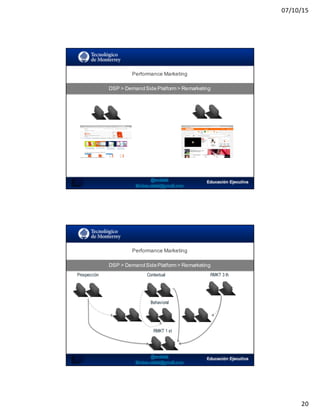07/10/15
20
SEO:  Áreas  de  Oportunidad
Performance  Marketing
DSP  >  DemandSidePlatform >  Remarketing
SEO:  Áreas  de  Oportunidad
Performance  Marketing
DSP  >  DemandSidePlatform >  Remarketing
Prospección Contextual RMKT 3 th
Behavioral
RMKT 1 st
 