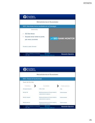 07/10/15
25
Mercadotecnia  en  Buscadores
SEO:  Monitoreo  de  los  resultados  de  la  Estrategia
49
Herramientas
• SEO Rank Monitor
• Búsqueda manual también es posible,
pero menos conveniente
No diseña y/o publica información
Módulo   2  Marketing   en   Buscadores
SEO+ SEM
SEO:  Áreas  de  Oportunidad
50
Dentro del Sitio Web
Alcance
Mercadotecnia  en  Buscadores
Módulo   2  Marketing   en   Buscadores
SEO+ SEM
Tecnología de desarrollo
Meta Tag Title
Meta Tag Description
Meta Tag Keywords
HTML o FLASH
Meta etiqueta declarada para finesde indexación y
posicionamiento en buscadores
Meta etiqueta declarada para finesde indexación y
posicionamiento en buscadores
Meta etiqueta declarada para finesde indexación y
posicionamiento en buscadores
HTML
Declarada exclusiva
Declarada exclusiva
Declarada exclusiva
SEO:  Áreas  de  Oportunidad
 