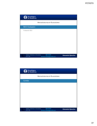 07/10/15
37
SEO:  Áreas  de  Oportunidad
73
Evaluación SEO
Mercadotecnia  en  Buscadores
Módulo   2  Marketing   en   Buscadores
SEO+ SEM
SEO:  Evaluación
SEO:  Áreas  de  Oportunidad
74
Mercadotecnia  en  Buscadores
Módulo   2  Marketing   en   Buscadores
SEO+ SEM
Comida
 