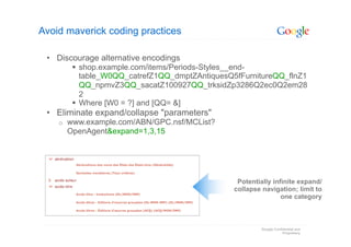 Avoid maverick coding practices

 •  Discourage alternative encodings 	
  
            shop.example.com/items/Periods-Sty...