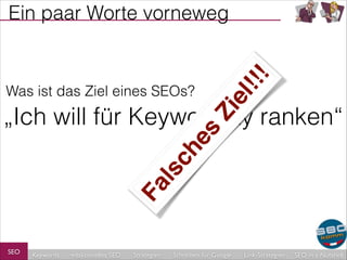 Was ist das Ziel eines SEOs?

Zi
el
!!!

Ein paar Worte vorneweg

Fa
ls
c

he
s

„Ich will für Keyword xy ranken“

SEO

Keywords

redaktionelles SEO

Strategien

Schreiben für Google

Link-Strategien

SEO in a Nutshell

 
