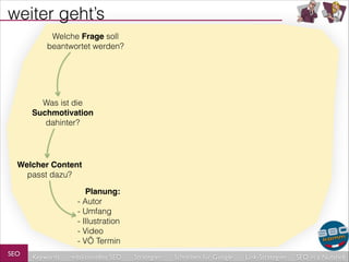 weiter geht’s
Welche Frage soll
beantwortet werden?

Was ist die
Suchmotivation!
dahinter?

Welcher Content
passt dazu?
Planung: !
- Autor
- Umfang
- Illustration
- Video
- VÖ Termin
SEO

Keywords

redaktionelles SEO

Strategien

Schreiben für Google

Link-Strategien

SEO in a Nutshell

 