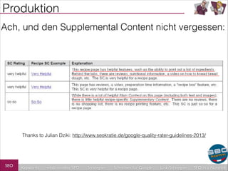 Produktion
Ach, und den Supplemental Content nicht vergessen:

Thanks to Julian Dziki: http://www.seokratie.de/google-quality-rater-guidelines-2013/

SEO

Keywords

redaktionelles SEO

Strategien

Schreiben für Google

Link-Strategien

SEO in a Nutshell

 