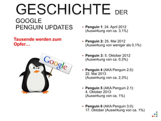 Tausende werden zum 
Opfer… 
 Penguin 1: 24. April 2012 
(Auswirkung von ca. 3,1%) 
 Penguin 2: 25. Mai 2012 
(Auswirkung von weniger als 0,1%) 
 Penguin 3: 5. Oktober 2012 
(Auswirkung von ca. 0,3%) 
 Penguin 4 (AKA Penguin 2.0): 
22. Mai 2013 
(Auswirkung von ca. 2,3%) 
 Penguin 5 (AKA Penguin 2.1): 
4. Oktober 2013 
(Auswirkung von ca. 1%) 
 Penguin 6 (AKA Penguin 3.0): 
17. Oktober (Auswirkung von ca. 1%) 
 