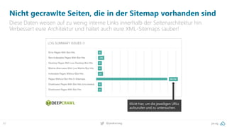 pa.ag@peakaceag62
Nicht gecrawlte Seiten, die in der Sitemap vorhanden sind
Diese Daten weisen auf zu wenig interne Links innerhalb der Seitenarchitektur hin.
Verbessert eure Architektur und haltet auch eure XML-Sitemaps sauber!
Klickt hier, um die jeweiligen URLs
aufzurufen und zu untersuchen.
 