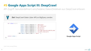 pa.ag94
#5 Google Apps Script III: DeepCrawl
API-Zugriff: benutzerdefiniert verschiedene Daten/Direktiven aus DeepCrawl erfassen
Quelle: https://pa.ag/2OWnjJa
Ziel: DeepCrawl-Daten (über API) an BigQuery senden
Google Apps Script
 