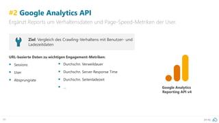 pa.ag89
#2 Google Analytics API
Ergänzt Reports um Verhaltensdaten und Page-Speed-Metriken der User.
Google Analytics
Repo...