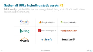 pa.ag@peakaceag15
Gather all URLs including static assets #2
Additionally: get the URLs that are strongly linked, bring a lot of traffic and/or have
been shared the most, etc.
 