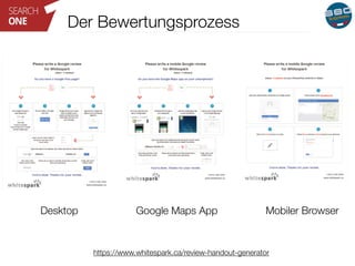Der Bewertungsprozess 
Desktop Google Maps App Mobiler Browser 
https://www.whitespark.ca/review-handout-generator 
 