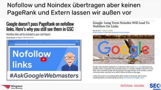 Nofollow und Noindex übertragen aber keinen
PageRank und Extern lassen wir außen vor
Nofollow, noindex
 