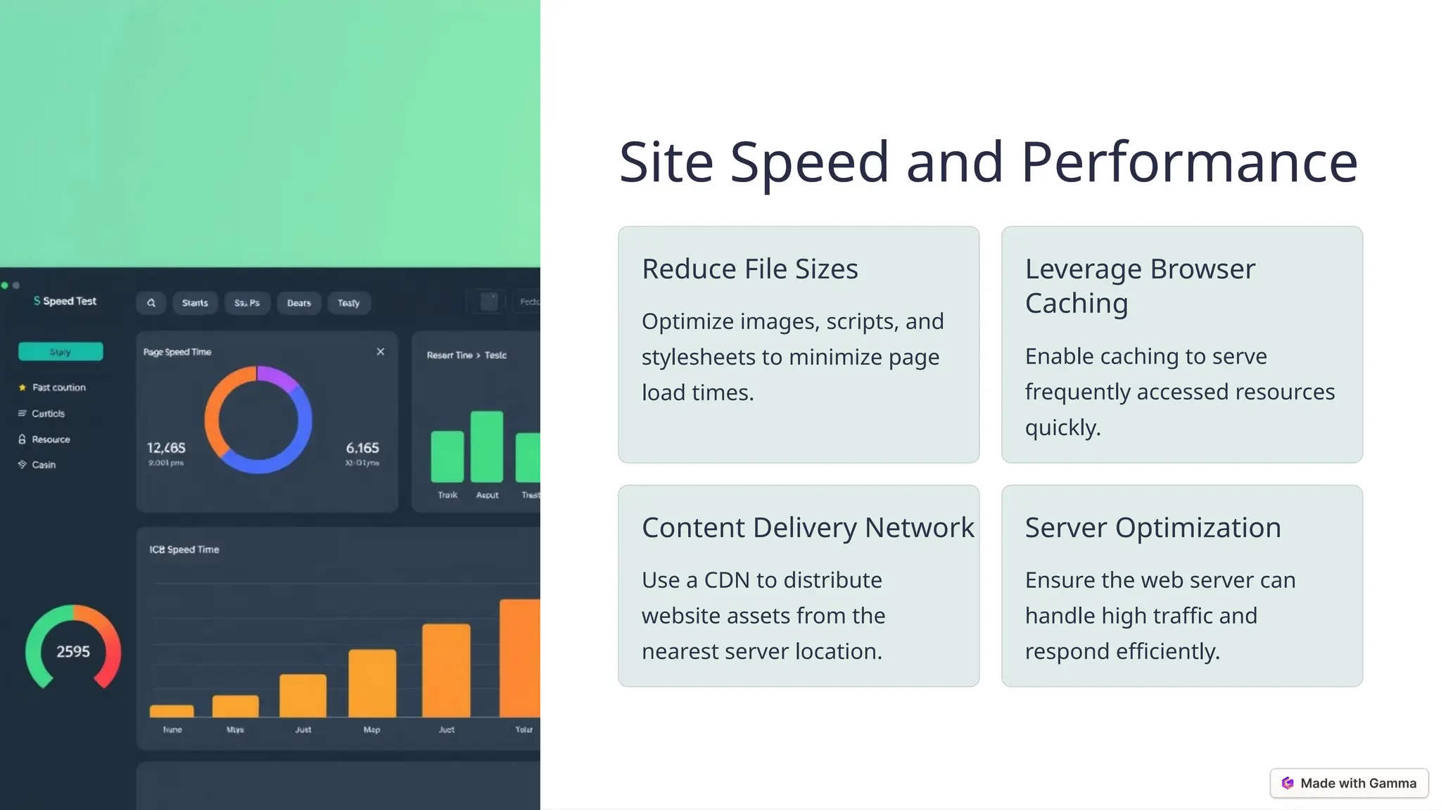 © Chandigarh University
Site Speed and Performance
Reduce File Sizes
Optimize images, scripts, and
stylesheets to minimize page
load times.
Leverage Browser
Caching
Enable caching to serve
frequently accessed resources
quickly.
Content Delivery Network
Use a CDN to distribute
website assets from the
nearest server location.
Server Optimization
Ensure the web server can
handle high traffic and
respond efficiently.
 