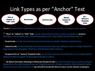Link Types as per “Anchor” Text 
RRaaww oorr 
““NNaakkeedd”” oorr 
““UURRLL”” LLiinnkkss 
BBrraanndd LLiinnkkss GGeenneerriicc LLiinnkkss 
MMoonneeyy 
KKeeyywwoorrddss 
lliinnkkss 
LLSSII –– 
RReelleevvaanntt 
KKeeyywwoorrdd 
LLiinnkkss 
“Anchor” is the text that is hyplerlinked or simply; the title text of the link that sends people to your website. 
 “Raw” or “naked” or “URL” links are the links that have the url and its variations as anchors. 
Examples-> JoannaVaiou.com, http://joannavaiou.com, http://www.JoannaVaiou.com etc. 
 Brand Links are the links that have your brand name as anchor. Example: Joanna Vaiou. 
 Generic Links are the links that have random anchors that say nothing to users or Google about the 
page they link to. Examples: Click here, Visit Website, More info etc. 
 Keyword rich or “money” keyword Links are the links that have the keyword you are targeting (seo 
wise) and want to appear on top page of Google as anchor. 
 LSI (latent Semantic Indexing) or Relevant Keyword Links are the links that have as anchor relevant 
keywords to the niche keywords you are targeting seo wise. Google considers these keywords highly 
relevant to your niche website and you should incorporate those in your seo & content campaigns. 
 