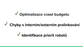 ✓ Optimalizace crawl budgetu
✓ Chyby v interním/externím prolinkování
✓ Identifikace priorit robotů
 
