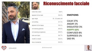 #SEOandLOVE @alessiosemoli
EMOTIONS
CALM 37%
ANGRY 2%
DISGUSTED 3%
HAPPY 60%
CONFUSED 8%
SURPRISED 2%
SAD 9%
Riconoscimento facciale
 