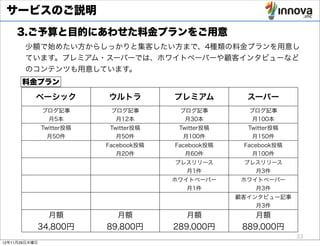 サービスのご説明
    3.ご予算と目的にあわせた料金プランをご用意
       少額で始めたい方からしっかりと集客したい方まで、4種類の料金プランを用意し
       ています。プレミアム・スーパーでは、ホワイトペーパーや顧客インタビューなど
       のコンテンツも用意しています。
      料金プラン

           ベーシック           ウルトラ         プレミアム          スーパー
               ブログ記事        ブログ記事        ブログ記事         ブログ記事
                月5本          月12本         月30本          月100本
               Twitter投稿    Twitter投稿    Twitter投稿     Twitter投稿
                 月50件         月50件        月100件         月150件
                           Facebook投稿   Facebook投稿    Facebook投稿
                              月20件         月60件         月100件
                                        プレスリリース       プレスリリース
                                          月1件           月3件
                                        ホワイトペーパー      ホワイトペーパー
                                           月1件           月3件
                                                     顧客インタビュー記事
                                                         月3件
                 月額           月額           月額            月額
           34,800円         89,800円      289,000円      889,000円
                                                                   33
12年11月29日木曜日
 