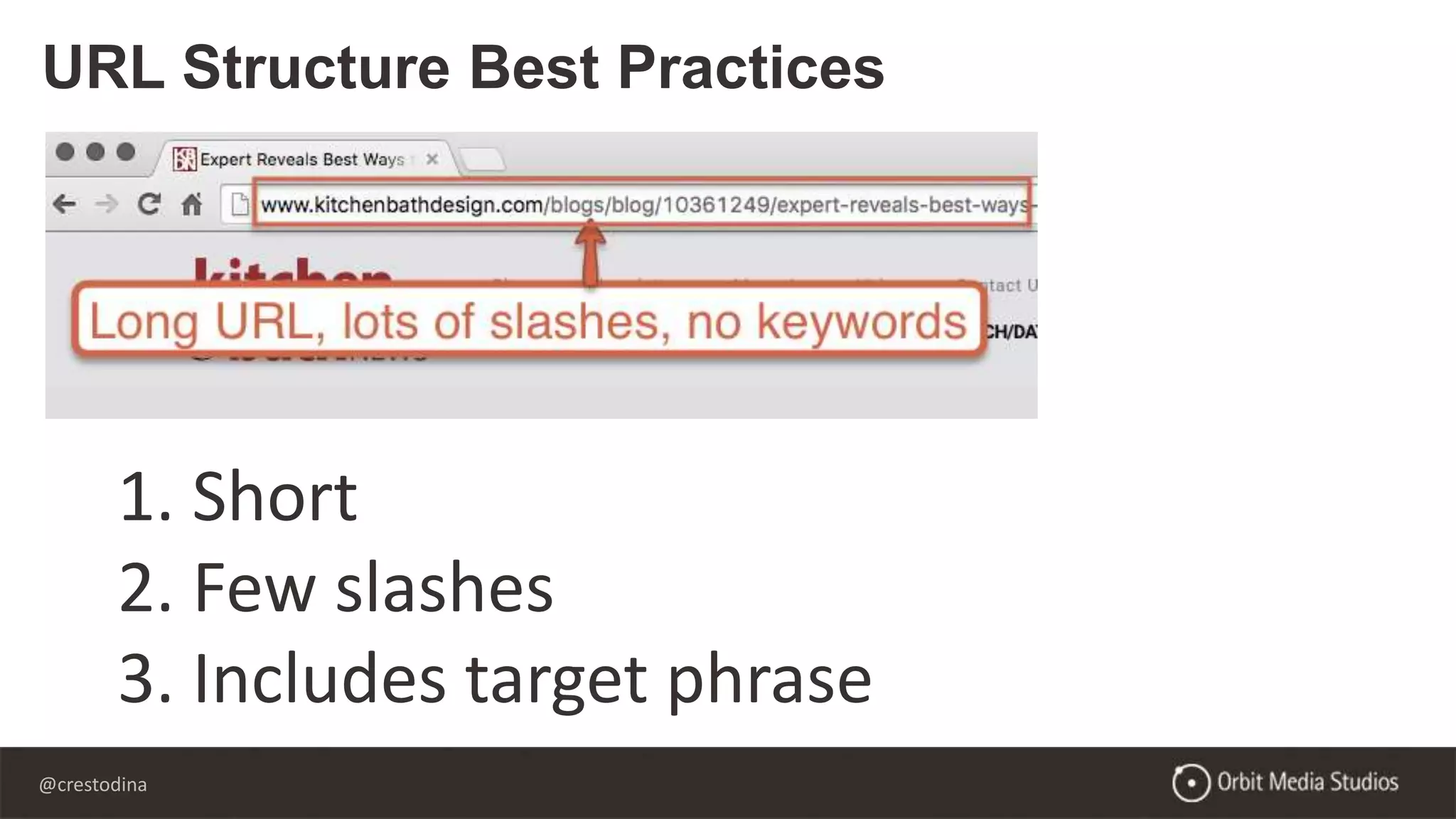 @crestodina
URL Structure Best Practices
1. Short
2. Few slashes
3. Includes target phrase
 
