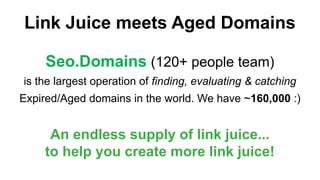 Link Juice meets Aged Domains
Seo.Domains (120+ people team)
is the largest operation of finding, evaluating & catching
Expired/Aged domains in the world. We have ~160,000 :)
An endless supply of link juice...
to help you create more link juice!
 