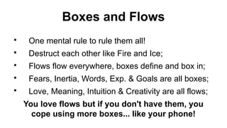 Boxes and Flows
?
One mental rule to rule them all!
?
Destruct each other like Fire and Ice;
?
Flows flow everywhere, boxes define and box in;
?
Fears, Inertia, Words, Exp. & Goals are all boxes;
?
Love, Meaning, Intuition & Creativity are all flows;
You love flows but if you don't have them, you
cope using more boxes... like your phone!
 