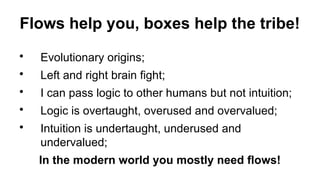 Flows help you, boxes help the tribe!
?
Evolutionary origins;
?
Left and right brain fight;
?
I can pass logic to other humans but not intuition;
?
Logic is overtaught, overused and overvalued;
?
Intuition is undertaught, underused and
undervalued;
In the modern world you mostly need flows!
 