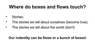 Where do boxes and flows touch?
?
Stories;
?
The stories we tell about ourselves (become true);
?
The stories we tell about the world (don't)
Our indentity can be flows or a bunch of boxes!
 