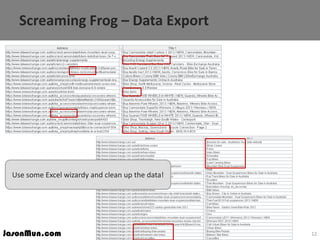 JasonMun.com
Screaming Frog – Data Export
12
Use some Excel wizardy and clean up the data!
 
