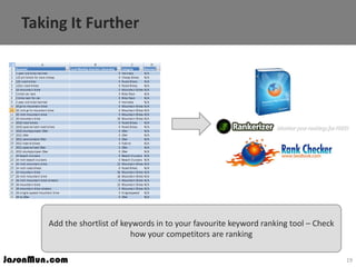 JasonMun.com
Taking It Further
19
Add the shortlist of keywords in to your favourite keyword ranking tool – Check
how your...