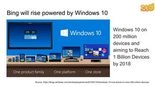 Bing will rise powered by Windows 10
Windows 10 on
200 million
devices and
aiming to Reach
1 Billion Devices
by 2018
Sourc...