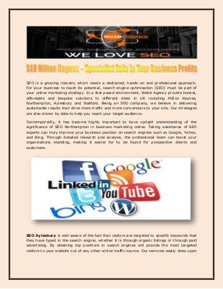 SEO is a growing industry which needs a dedicated, hands-on and professional approach. For your business to reach its potential, search engine optimisation (SEO) must be part of your online marketing strategy. In a fast paced environment, Webb Agency provide honest, affordable and bespoke solutions to different cities in UK including Milton Keynes, Northampton, Aylesbury and Watford. Being an SEO company, we believe in delivering sustainable results that drive more traffic and more conversions to your site. Our strategies are also driven by data to help you reach your target audience. 
Contemporarily, it has become highly important to have upright understanding of the significance of SEO Northampton in business marketing online. Taking assistance of SEO experts can truly improve your business position on search engines such as Google, Yahoo, and Bing. Through detailed research and analysis, the professional team can boost your organisations standing, making it easier for to be found for prospective clients and customers. 
SEO Aylesbury is well aware of the fact that visitors are targeted to specific keywords that they have typed in the search engine, whether it is through organic listings or through paid advertising. By attaining top positions in search engines will provide the most targeted visitors to your website out of any other online traffic source. Our services easily draw upon  