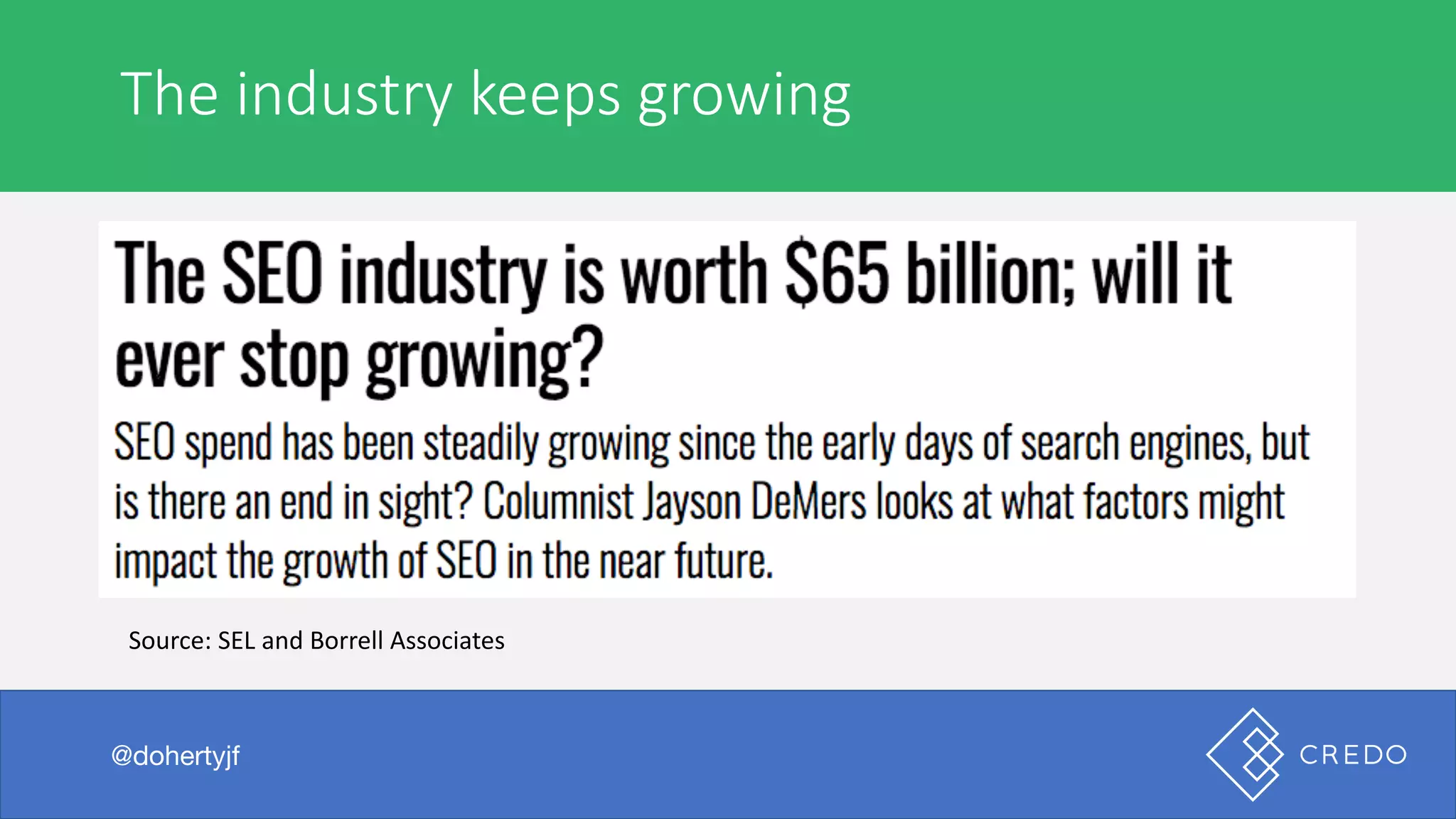I	was	browsing	the	internet	the	other	day
@dohertyjf
The	industry	keeps	growing
@dohertyjf
Source:	SEL	and	Borrell Associates
 
