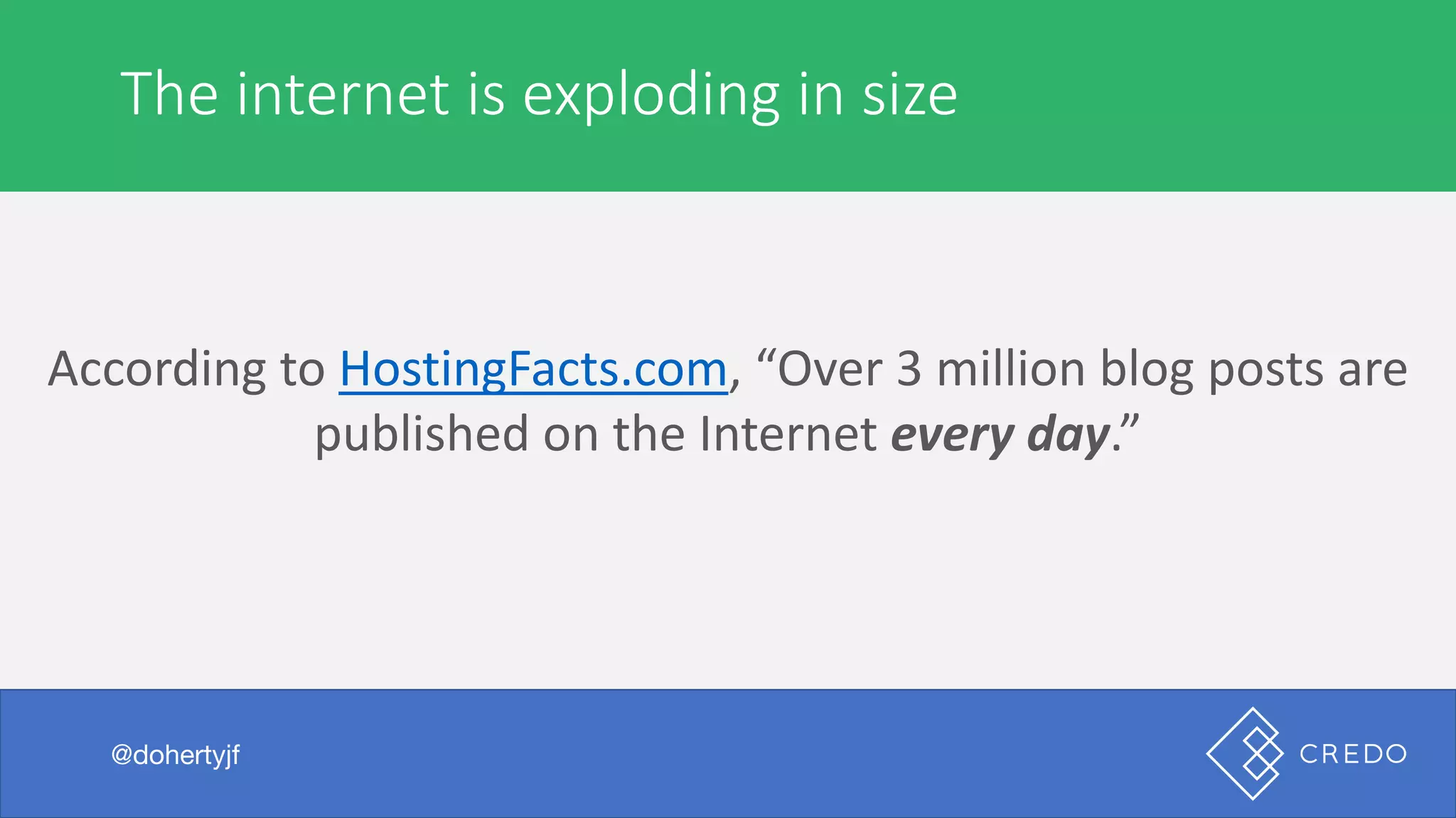 According	to	HostingFacts.com,	“Over	3	million	blog	posts	are	
published	on	the	Internet	every	day.”
I	was	browsing	the	internet	the	other	day
@dohertyjf
The	internet	is	exploding	in	size
@dohertyjf
 