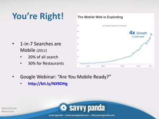You’re Right!

       •      1-in-7 Searches are
              Mobile (2011)
              •   20% of all search
              •   30% for Restaurants


       •      Google Webinar: “Are You Mobile Ready?”
              •   http://bit.ly/NX9OHg




@SavvyPanda
#Mozcation
 