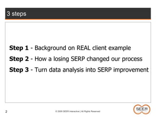 23 stepsStep 1 - Background on REAL client exampleStep 2 - How a losing SERP changed our processStep 3 - Turn data analysis into SERP improvement