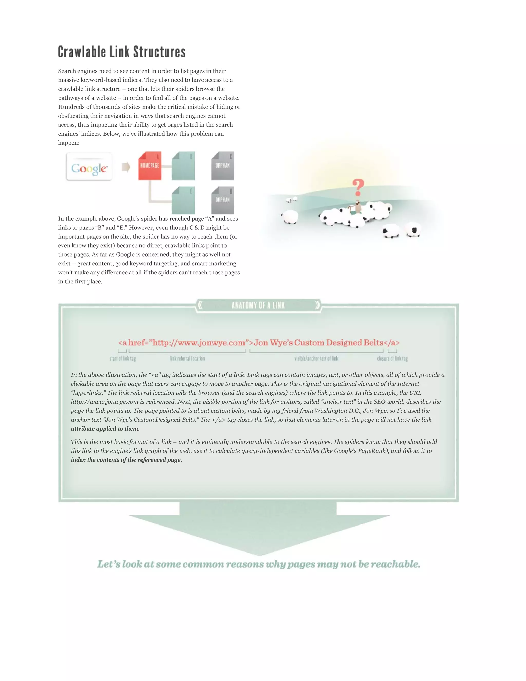 Search engines need to see content in order to list pages in their
massive keyword-based indices. They also need to have access to a



Hundreds of thousands of sites make the critical mistake of hiding or
obsfucating their navigation in ways that search engines cannot
access, thus impacting their ability to get pages listed in the search


happen:




important pages on the site, the spider has no way to reach them (or
even know they exist) because no direct, crawlable links point to
those pages. As far as Google is concerned, they might as well not



in the first place.




     attribute applied to them.




     index the contents of the referenced page.
 