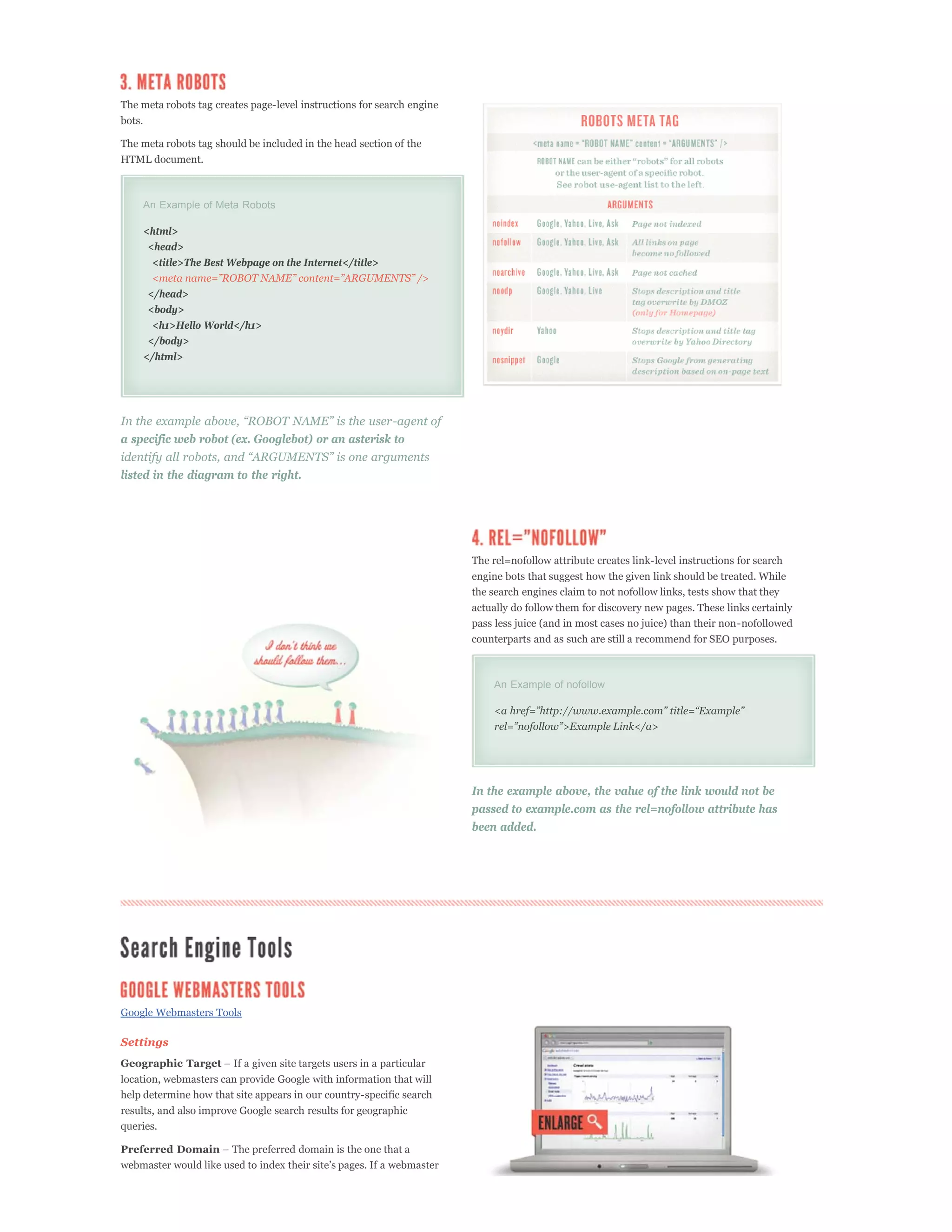 The meta robots tag creates page-level instructions for search engine
bots.

The meta robots tag should be included in the head section of the
HTML document.



    An Example of Meta Robots

    <html>
     <head>
      <title>The Best Webpage on the Internet</title>


     </head>
     <body>
      <h1>Hello World</h1>
     </body>
    </html>




a specific web robot (ex. Googlebot) or an asterisk to

listed in the diagram to the right.




                                                                        The rel=nofollow attribute creates link-level instructions for search
                                                                        engine bots that suggest how the given link should be treated. While
                                                                        the search engines claim to not nofollow links, tests show that they
                                                                        actually do follow them for discovery new pages. These links certainly
                                                                        pass less juice (and in most cases no juice) than their non-nofollowed
                                                                        counterparts and as such are still a recommend for SEO purposes.



                                                                            An Example of nofollow




                                                                        In the example above, the value of the link would not be
                                                                        passed to example.com as the rel=nofollow attribute has
                                                                        been added.




Google Webmasters Tools

Settings
Geographic Target
location, webmasters can provide Google with information that will
help determine how that site appears in our country-specific search
results, and also improve Google search results for geographic
queries.

Preferred Domain
 