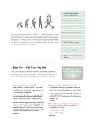 1.   Experience the need for an answer,
                                                                                                                solution or piece of information.




                                                                                                           2.   Formulate that need in a string of words




                                                                                                           3.   Execute the query at a search engine.




                                                                                                           4.   Browse through the results for a match.

When this process results in the satisfactory completion of a task, a positive experience is created,
both with the search engine and the site providing the information or result. Since the inception of
web search, the activity has grown to heights of great popularity, such that in December of 2005,          5.   Click on a result.

the Pew Internet & American Life Project (PDF Study in Conjunction with ComScore) found that
90% of online men and 91% of online women used search engines. Of these, 42% of the men and
39% of the women reported using search engines every day and more than 85% of both groups say              6.   Scan for a solution, or a link to that
                                                                                                                solution.




                                                                                                           7.   If unsatisfied, return to the search results




                                                                                                           8.   Perform a new search with refinements to
                                                                                                                the query.




When looking at the broad picture of search engine usage, fascinating data is available from a


understanding how users search, but in presenting a compelling argument about the power of
search (which we suspect many readers of this guide may need to do for their managers):




An April 2010 study by comScore found:                                       An August 2008 PEW Internet Study revealed:
   Google Sites led the U.S. core search market in April with 64.4               The percentage of Internet users who use search engines on a
   percent of the searches conducted, followed by Yahoo! Sites (up               typical day has been steadily rising from about one-third of all
   0.8 percentage points to 17.7 percent), and Microsoft Sites (up               users in 2002, to a new high of just under one-half (49 percent).
   0.1 percentage points to 11.8 percent).
                                                                                 With this increase, the number of those using a search engine on
   Americans conducted 15.5 billion searches in April, up slightly               a typical day is pulling ever closer to the 60 percent of Internet
   from March. Google Sites accounted for 10 billion searches,
   followed by Yahoo! Sites (2.8 billion), Microsoft Sites (1.8                  on a typical day.
   billion), Ask Network (574 million) and AOL LLC (371 million).

   In the April analysis of the top properties where search activity
   is observed, Google Sites led the search market with 14.0 billion         A EightFoldLogic (formally Enquisite) report from
   search queries, followed by Yahoo! Sites with 2.8 billion queries         2009 on click-through traffic in the US showed:
   and Microsoft Sites with 1.9 billion. Amazon Sites experienced                Google sends 78.43% of traffic.
   sizeable growth during the month with an 8-percent increase to
   245 million searches, rounding off the top 10 ranking.                        Yahoo! sends 9.73% of traffic.

                                                                                 Bing sends 7.86% of traffic.
 