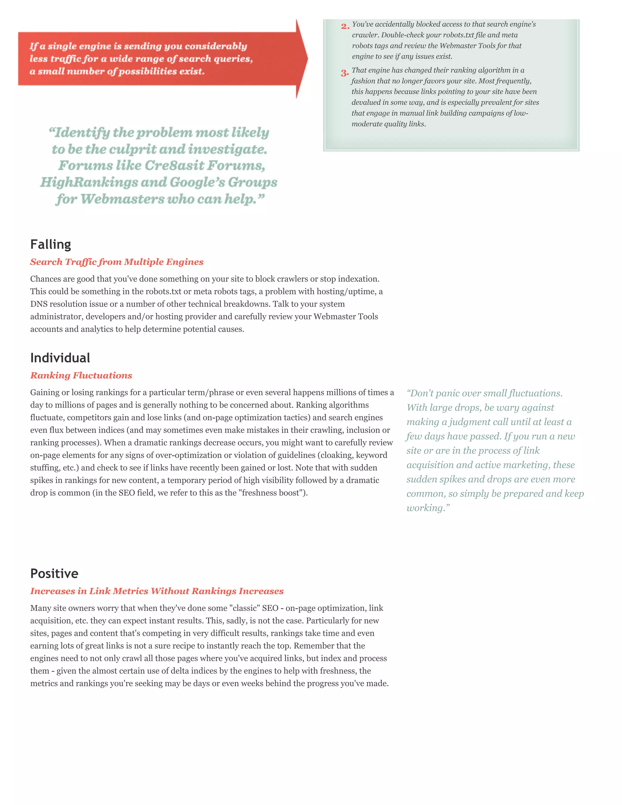 2. You've accidentally blocked access to that search engine's
                                                                                            crawler. Double-check your robots.txt file and meta
                                                                                            robots tags and review the Webmaster Tools for that
                                                                                            engine to see if any issues exist.

                                                                                        3. That engine has changed their ranking algorithm in a
                                                                                           fashion that no longer favors your site. Most frequently,
                                                                                           this happens because links pointing to your site have been
                                                                                           devalued in some way, and is especially prevalent for sites
                                                                                           that engage in manual link building campaigns of low-
                                                                                           moderate quality links.




Falling
Search Traffic from Multiple Engines
Chances are good that you've done something on your site to block crawlers or stop indexation.
This could be something in the robots.txt or meta robots tags, a problem with hosting/uptime, a
DNS resolution issue or a number of other technical breakdowns. Talk to your system
administrator, developers and/or hosting provider and carefully review your Webmaster Tools
accounts and analytics to help determine potential causes.


Individual
Ranking Fluctuations
Gaining or losing rankings for a particular term/phrase or even several happens millions of times a         “Don't panic over small fluctuations.
day to millions of pages and is generally nothing to be concerned about. Ranking algorithms                 With large drops, be wary against
fluctuate, competitors gain and lose links (and on-page optimization tactics) and search engines
                                                                                                            making a judgment call until at least a
even flux between indices (and may sometimes even make mistakes in their crawling, inclusion or
                                                                                                            few days have passed. If you run a new
ranking processes). When a dramatic rankings decrease occurs, you might want to carefully review
on-page elements for any signs of over-optimization or violation of guidelines (cloaking, keyword           site or are in the process of link
stuffing, etc.) and check to see if links have recently been gained or lost. Note that with sudden          acquisition and active marketing, these
spikes in rankings for new content, a temporary period of high visibility followed by a dramatic            sudden spikes and drops are even more
drop is common (in the SEO field, we refer to this as the "freshness boost").                               common, so simply be prepared and keep
                                                                                                            working.”




Positive
Increases in Link Metrics Without Rankings Increases
Many site owners worry that when they've done some "classic" SEO - on-page optimization, link
acquisition, etc. they can expect instant results. This, sadly, is not the case. Particularly for new
sites, pages and content that's competing in very difficult results, rankings take time and even
earning lots of great links is not a sure recipe to instantly reach the top. Remember that the
engines need to not only crawl all those pages where you've acquired links, but index and process
them - given the almost certain use of delta indices by the engines to help with freshness, the
metrics and rankings you're seeking may be days or even weeks behind the progress you've made.
 