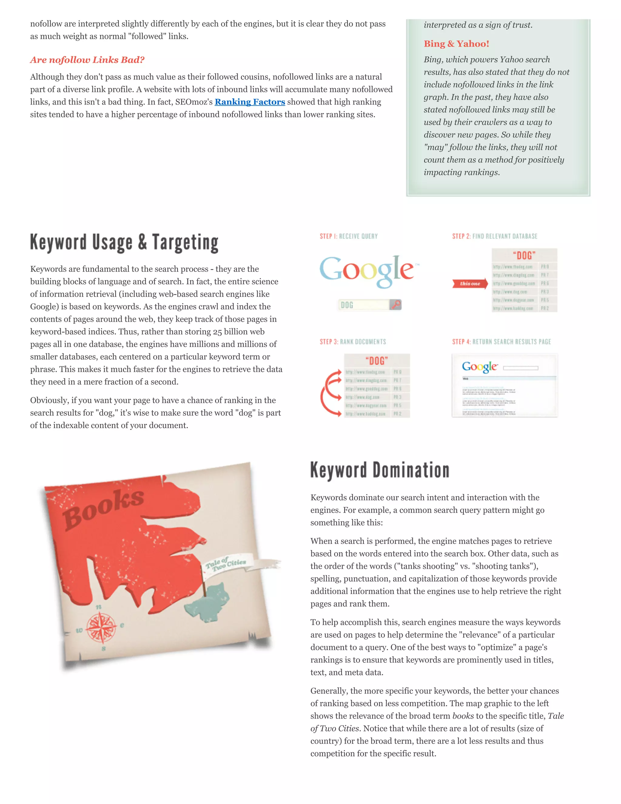 nofollow are interpreted slightly differently by each of the engines, but it is clear they do not pass          interpreted as a sign of trust.
as much weight as normal "followed" links.
                                                                                                                Bing & Yahoo!
Are nofollow Links Bad?                                                                                         Bing, which powers Yahoo search
                                                                                                                results, has also stated that they do not
Although they don't pass as much value as their followed cousins, nofollowed links are a natural
                                                                                                                include nofollowed links in the link
part of a diverse link profile. A website with lots of inbound links will accumulate many nofollowed
                                                                                                                graph. In the past, they have also
links, and this isn't a bad thing. In fact, SEOmoz's Ranking Factors showed that high ranking
                                                                                                                stated nofollowed links may still be
sites tended to have a higher percentage of inbound nofollowed links than lower ranking sites.
                                                                                                                used by their crawlers as a way to
                                                                                                                discover new pages. So while they
                                                                                                                "may" follow the links, they will not
                                                                                                                count them as a method for positively
                                                                                                                impacting rankings.




Keywords are fundamental to the search process - they are the
building blocks of language and of search. In fact, the entire science
of information retrieval (including web-based search engines like
Google) is based on keywords. As the engines crawl and index the
contents of pages around the web, they keep track of those pages in
keyword-based indices. Thus, rather than storing 25 billion web
pages all in one database, the engines have millions and millions of
smaller databases, each centered on a particular keyword term or
phrase. This makes it much faster for the engines to retrieve the data
they need in a mere fraction of a second.

Obviously, if you want your page to have a chance of ranking in the
search results for "dog," it's wise to make sure the word "dog" is part
of the indexable content of your document.




                                                                                Keywords dominate our search intent and interaction with the
                                                                                engines. For example, a common search query pattern might go
                                                                                something like this:

                                                                                When a search is performed, the engine matches pages to retrieve
                                                                                based on the words entered into the search box. Other data, such as
                                                                                the order of the words ("tanks shooting" vs. "shooting tanks"),
                                                                                spelling, punctuation, and capitalization of those keywords provide
                                                                                additional information that the engines use to help retrieve the right
                                                                                pages and rank them.

                                                                                To help accomplish this, search engines measure the ways keywords
                                                                                are used on pages to help determine the "relevance" of a particular
                                                                                document to a query. One of the best ways to "optimize" a page's
                                                                                rankings is to ensure that keywords are prominently used in titles,
                                                                                text, and meta data.

                                                                                Generally, the more specific your keywords, the better your chances
                                                                                of ranking based on less competition. The map graphic to the left
                                                                                shows the relevance of the broad term books to the specific title, Tale
                                                                                of Two Cities. Notice that while there are a lot of results (size of
                                                                                country) for the broad term, there are a lot less results and thus
                                                                                competition for the specific result.
 