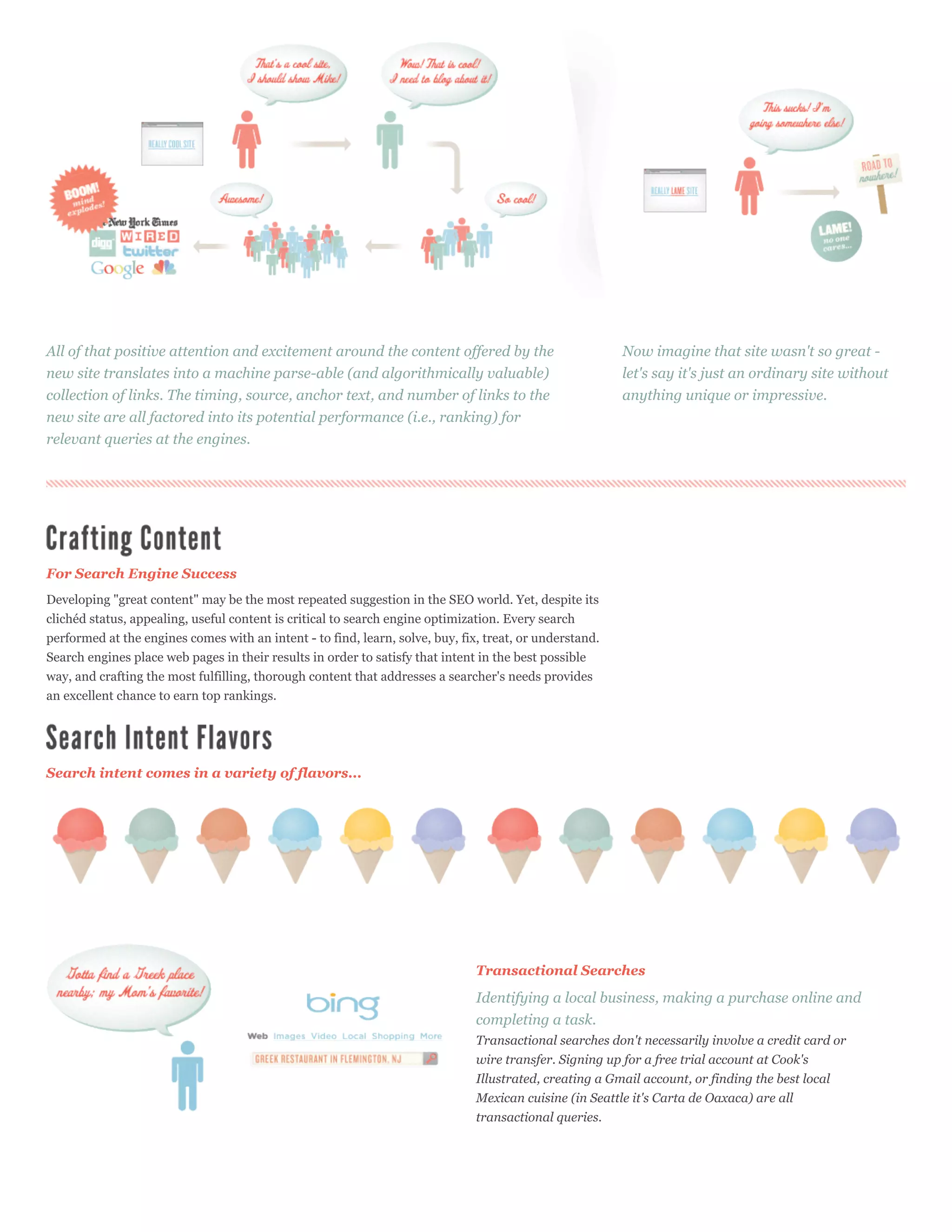 All of that positive attention and excitement around the content offered by the                          Now imagine that site wasn't so great -
new site translates into a machine parse-able (and algorithmically valuable)                             let's say it's just an ordinary site without
collection of links. The timing, source, anchor text, and number of links to the                         anything unique or impressive.
new site are all factored into its potential performance (i.e., ranking) for
relevant queries at the engines.




For Search Engine Success
Developing "great content" may be the most repeated suggestion in the SEO world. Yet, despite its
clichéd status, appealing, useful content is critical to search engine optimization. Every search
performed at the engines comes with an intent - to find, learn, solve, buy, fix, treat, or understand.
Search engines place web pages in their results in order to satisfy that intent in the best possible
way, and crafting the most fulfilling, thorough content that addresses a searcher's needs provides
an excellent chance to earn top rankings.




Search intent comes in a variety of flavors...




                                                                               Transactional Searches

                                                                               Identifying a local business, making a purchase online and
                                                                               completing a task.
                                                                               Transactional searches don't necessarily involve a credit card or
                                                                               wire transfer. Signing up for a free trial account at Cook's
                                                                               Illustrated, creating a Gmail account, or finding the best local
                                                                               Mexican cuisine (in Seattle it's Carta de Oaxaca) are all
                                                                               transactional queries.
 