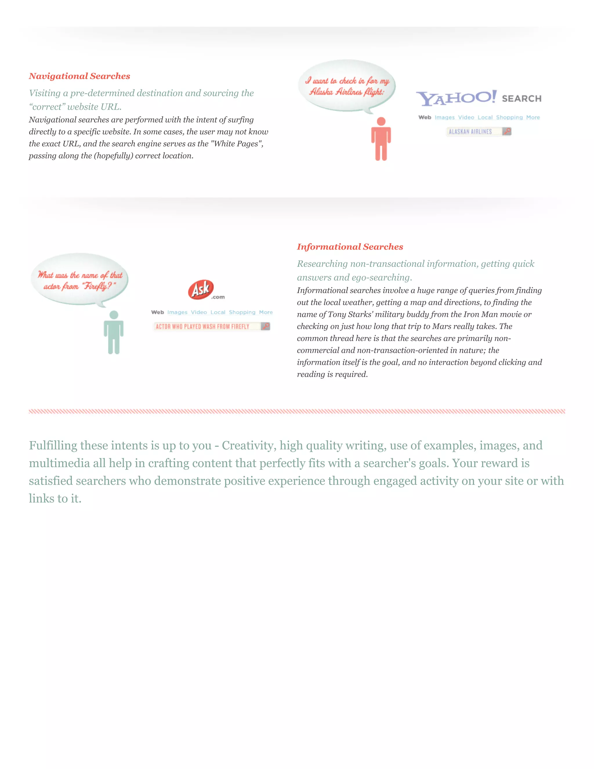Navigational Searches

Visiting a pre-determined destination and sourcing the
“correct” website URL.
Navigational searches are performed with the intent of surfing
directly to a specific website. In some cases, the user may not know
the exact URL, and the search engine serves as the "White Pages",
passing along the (hopefully) correct location.




                                                                       Informational Searches

                                                                       Researching non-transactional information, getting quick
                                                                       answers and ego-searching.
                                                                       Informational searches involve a huge range of queries from finding
                                                                       out the local weather, getting a map and directions, to finding the
                                                                       name of Tony Starks' military buddy from the Iron Man movie or
                                                                       checking on just how long that trip to Mars really takes. The
                                                                       common thread here is that the searches are primarily non-
                                                                       commercial and non-transaction-oriented in nature; the
                                                                       information itself is the goal, and no interaction beyond clicking and
                                                                       reading is required.




Fulfilling these intents is up to you - Creativity, high quality writing, use of examples, images, and
multimedia all help in crafting content that perfectly fits with a searcher's goals. Your reward is
satisfied searchers who demonstrate positive experience through engaged activity on your site or with
links to it.
 