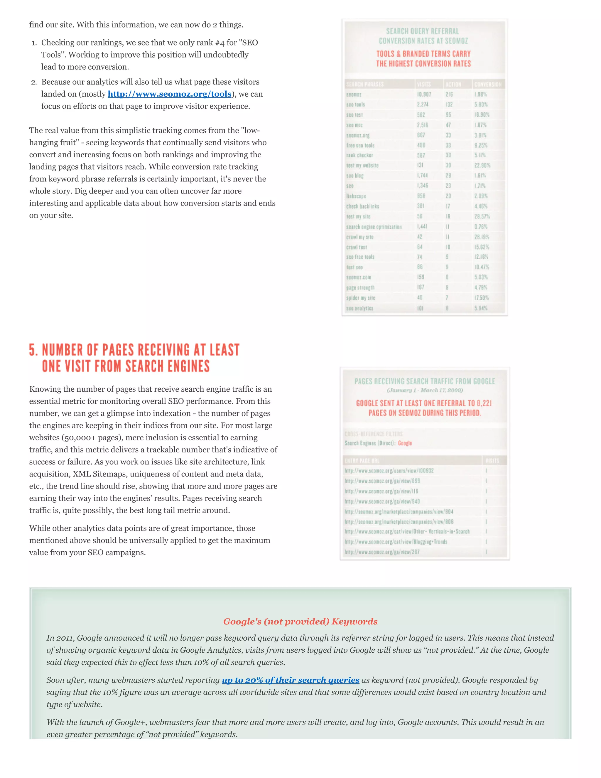 find our site. With this information, we can now do 2 things.

1. Checking our rankings, we see that we only rank #4 for "SEO
   Tools". Working to improve this position will undoubtedly
   lead to more conversion.
2. Because our analytics will also tell us what page these visitors
   landed on (mostly http://www.seomoz.org/tools), we can
   focus on efforts on that page to improve visitor experience.


The real value from this simplistic tracking comes from the "low-
hanging fruit" - seeing keywords that continually send visitors who
convert and increasing focus on both rankings and improving the
landing pages that visitors reach. While conversion rate tracking
from keyword phrase referrals is certainly important, it's never the
whole story. Dig deeper and you can often uncover far more
interesting and applicable data about how conversion starts and ends
on your site.




Knowing the number of pages that receive search engine traffic is an
essential metric for monitoring overall SEO performance. From this
number, we can get a glimpse into indexation - the number of pages
the engines are keeping in their indices from our site. For most large
websites (50,000+ pages), mere inclusion is essential to earning
traffic, and this metric delivers a trackable number that's indicative of
success or failure. As you work on issues like site architecture, link
acquisition, XML Sitemaps, uniqueness of content and meta data,
etc., the trend line should rise, showing that more and more pages are
earning their way into the engines' results. Pages receiving search
traffic is, quite possibly, the best long tail metric around.

While other analytics data points are of great importance, those
mentioned above should be universally applied to get the maximum
value from your SEO campaigns.




                                                         Google's (not provided) Keywords
     In 2011, Google announced it will no longer pass keyword query data through its referrer string for logged in users. This means that instead
     of showing organic keyword data in Google Analytics, visits from users logged into Google will show as “not provided.” At the time, Google
     said they expected this to effect less than 10% of all search queries.

     Soon after, many webmasters started reporting up to 20% of their search queries as keyword (not provided). Google responded by
     saying that the 10% figure was an average across all worldwide sites and that some differences would exist based on country location and
     type of website.

     With the launch of Google+, webmasters fear that more and more users will create, and log into, Google accounts. This would result in an
     even greater percentage of “not provided” keywords.
 