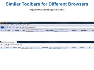 Similar Toolbars for Different Browsers
           http://www.seomoz.org/seo-toolbar
 