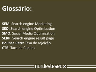 Glossário:
SEM: Search engine Marketing
SEO: Search engine Optimization
SMO: Social Media Optimization
SERP: Search engine result page
Bounce Rate: Taxa de rejeição
CTR: Taxa de Cliques
 