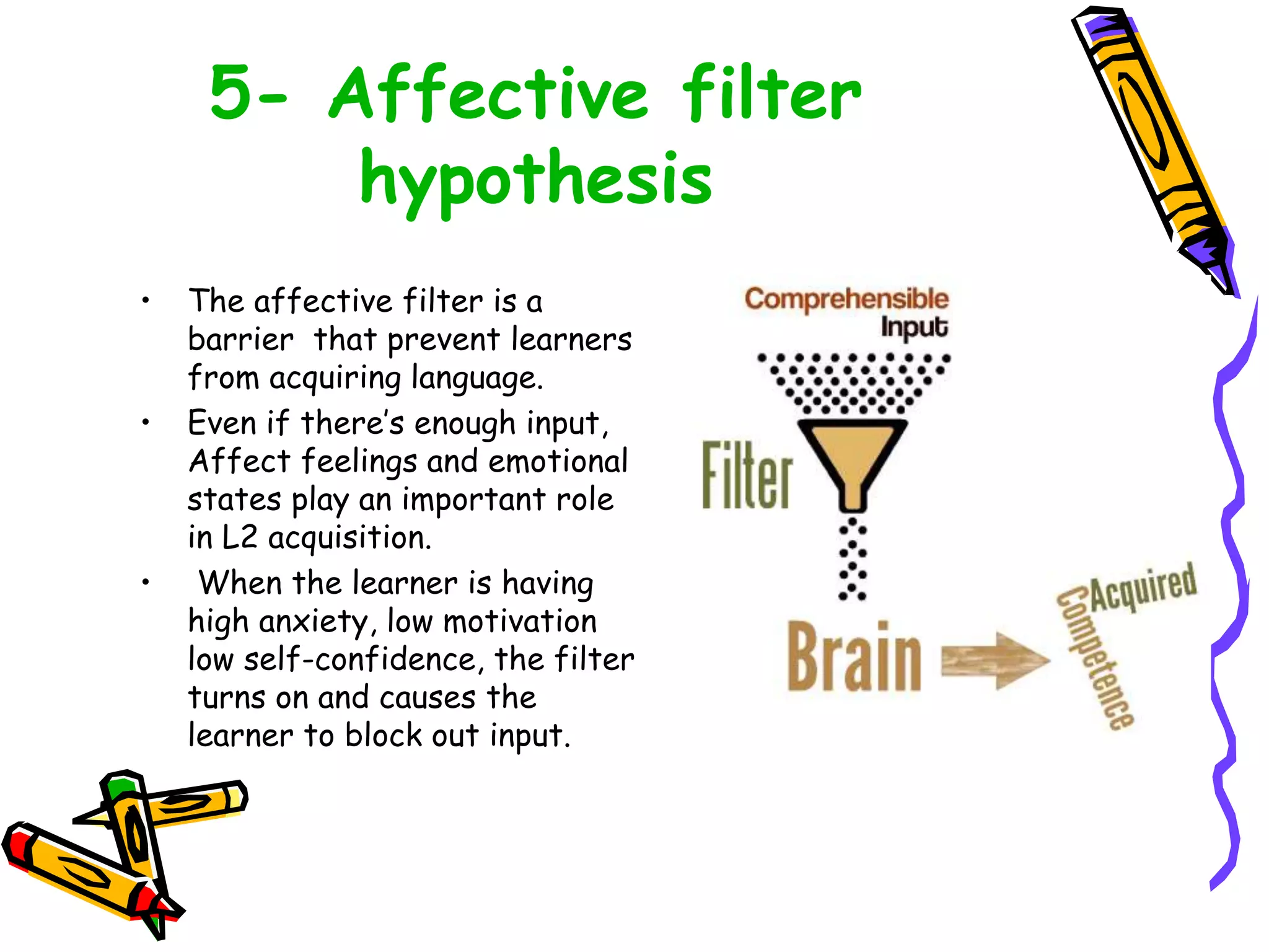 5- Affective filter
hypothesis
• The affective filter is a
barrier that prevent learners
from acquiring language.
• Even if there’s enough input,
Affect feelings and emotional
states play an important role
in L2 acquisition.
• When the learner is having
high anxiety, low motivation
low self-confidence, the filter
turns on and causes the
learner to block out input.
 
