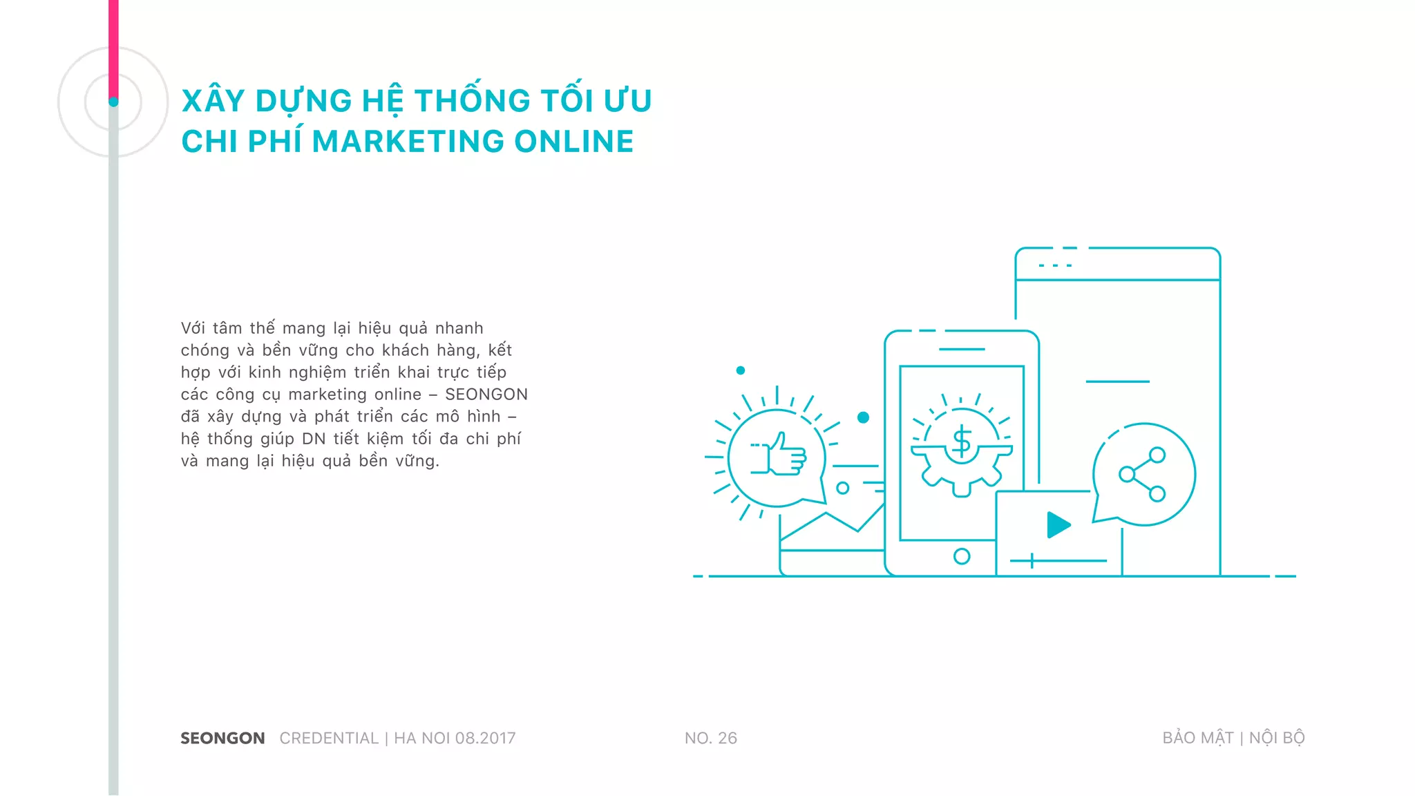 XÂY DỰNG HỆ THỐNG TỐI ƯU
CHI PHÍ MARKETING ONLINE
Với tâm thế mang lại hiệu quả nhanh
chóng và bền vững cho khách hàng, kết
hợp với kinh nghiệm triển khai trực tiếp
các công cụ marketing online – SEONGON
đã xây dựng và phát triển các mô hình –
hệ thống giúp DN tiết kiệm tối đa chi phí
và mang lại hiệu quả bền vững.
NO. 26CREDENTIAL | HA NOI 08.2017 BẢO MẬT | NỘI BỘ
 