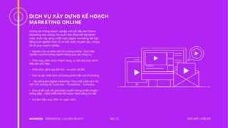 DỊCH VỤ XÂY DỰNG KẾ HOẠCH
MARKETING ONLINE
Hướng tới những doanh nghiệp mới bắt đầu làm Online
Marketing hay những DN muốn làm tổng thể (đa kênh)
hoặc muốn xây dựng chiến lược digital marketing dài hạn.
Bằng kinh nghiệm thực tế và kiến thức chuyên sâu, chúng
tôi sẽ giúp doanh nghiệp:
• Nghiên cứu và phân tích thị trường online: Thực hiện
nghiên cứu thị trường ngành thông qua các công cụ:
• Phân loại, phân khúc khách hàng, tư vấn lựa chọn kênh
tiếp cận phù hợp...
• Phân tích, đánh giá đối thủ - so sánh với DN
• Đưa ra các nhận định về hướng phát triển của thị trường
• Lập kế hoạch digital marketing: Thực hiện phân tích 3C
trên môi trường số: Customer - Competitor - Company.
• Đưa ra đề xuất về: giải pháp truyền thông (chiến thuật) -
thông điệp - kênh triển khai Kế hoạch hành động chi tiết
• Dự báo hiệu quả, KPIs và ngân sách.
NO. 12CREDENTIAL | HA NOI 08.2017 BẢO MẬT | NỘI BỘ
 