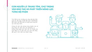 CON NGƯỜI LÀ TRUNG TÂM, CHÚ TRỌNG
VÀO ĐÀO TẠO VÀ PHÁT TRIỂN NĂNG LỰC
TỪNG BỘ PHẬN
Tinh thần tự học và động lực nâng cấp bản thân
mình lên mỗi ngày là điều bắt buộc ở SEONGON.
Mỗi thành viên đều phải là chuyên gia trong lĩnh
vực mình phụ trách.
Chúng tôi luôn tiên phong trong nghiên cứu và
ứng dụng các kiến thức về marketing, xu
hướng công nghệ mới nhất trên thị trường vào
hoạt động tư và triển khai của mình để mang
đến giá trị lớn nhất cho khách hàng.
NO. 27CREDENTIAL | HA NOI 08.2017 BẢO MẬT | NỘI BỘ
 