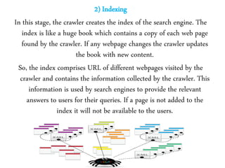 2) Indexing
In this stage, the crawler creates the index of the search engine. The
index is like a huge book which contains a copy of each web page
found by the crawler. If any webpage changes the crawler updates
the book with new content.
So, the index comprises URL of different webpages visited by the
crawler and contains the information collected by the crawler. This
information is used by search engines to provide the relevant
answers to users for their queries. If a page is not added to the
index it will not be available to the users.
 