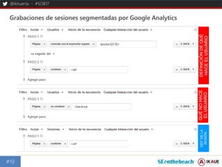 @ikhuerta - #SOB17
Grabaciones de sesiones segmentadas por Google Analytics
#19
DEFINICIÓNDEQUÉ
HACEELUSUARIO
DEFDELA
SESI...