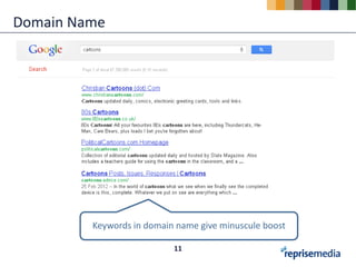 Domain Name




         Keywords in domain name give minuscule boost

                           11
 